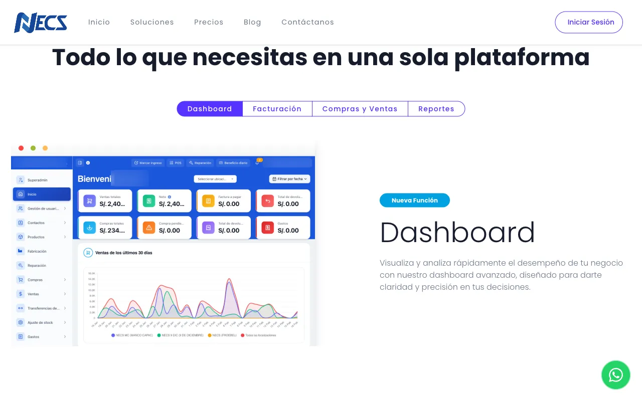 Sistema POS NECS con pestañas de Dashboard, Facturación, Compras y Reportes