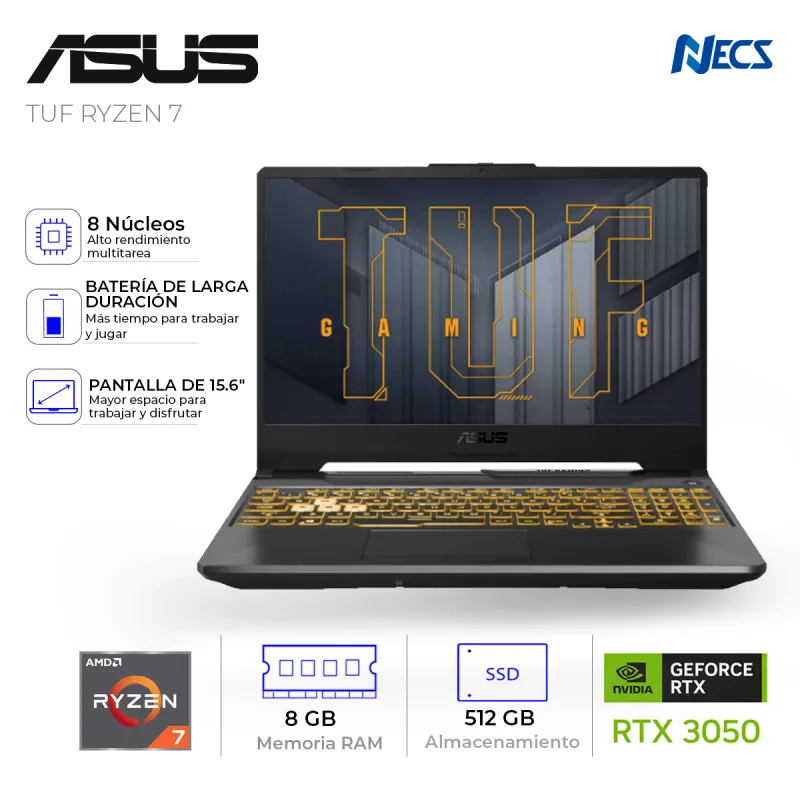 LAPTOP ASUS TUF RYZEN 7 8845HS, 8GB, 512GB SSD, RTX 3050 4GB, 15.6"
