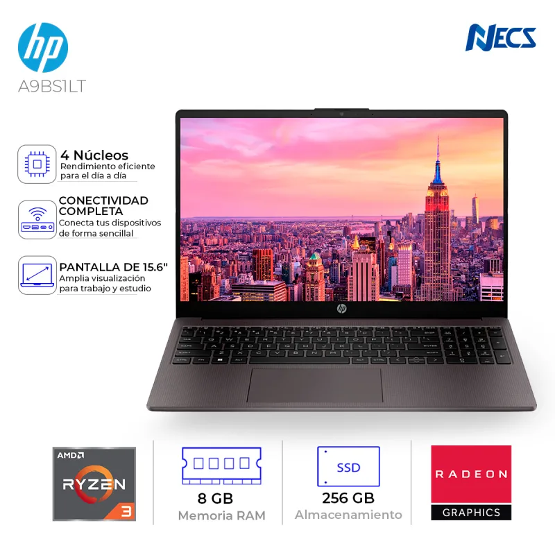LAPTOP HP AMD RYZEN 3 7320U ,8GB, SSD 256 GB,15.6”-255 G10- (A9BS1LT)