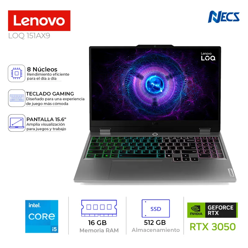 LAPTOP LENOVO LOQ 15IAX9 i5-12450HX, 16 GB, 512GB, 15.6", RTX 3050 6GB