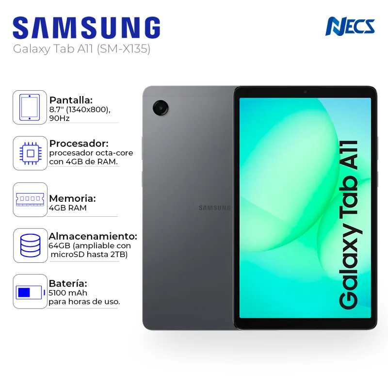 TABLET SAMSUNG GALAXY TAB A11 SM-X135GZAAPEO, OCTA CORE, 4GB,64 GB SD, 8.7"