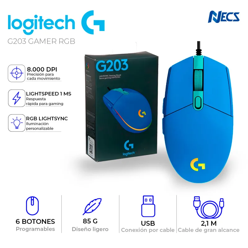 MOUSE LOGITECH G G203 GAMER RGB 8000 DPI