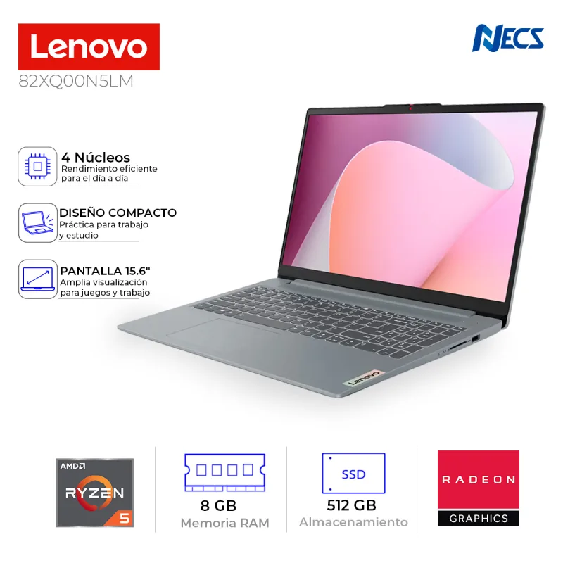 LAPTOP LENOVO RYZEN 5 7520U, 8GB, 512 GB, 15.6"- IDEAPAD 3 (82XQ00N5LM)