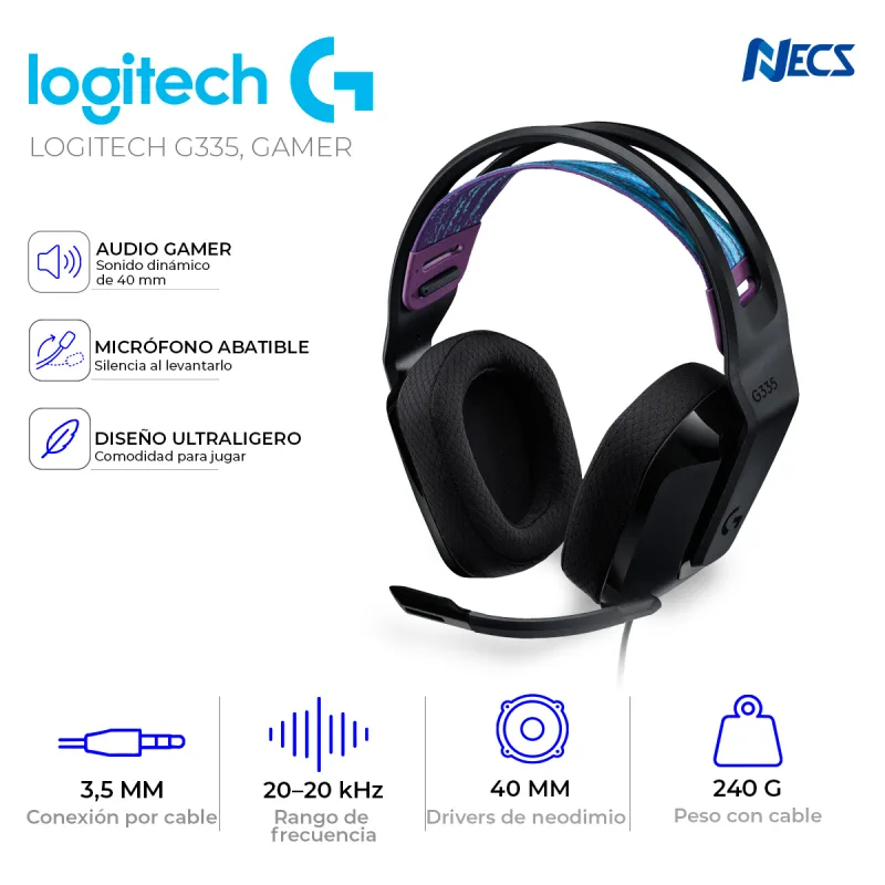 AURICULAR LOGITECH G335, GAMER, MICROFONO, CABLE JACK 3.5MM