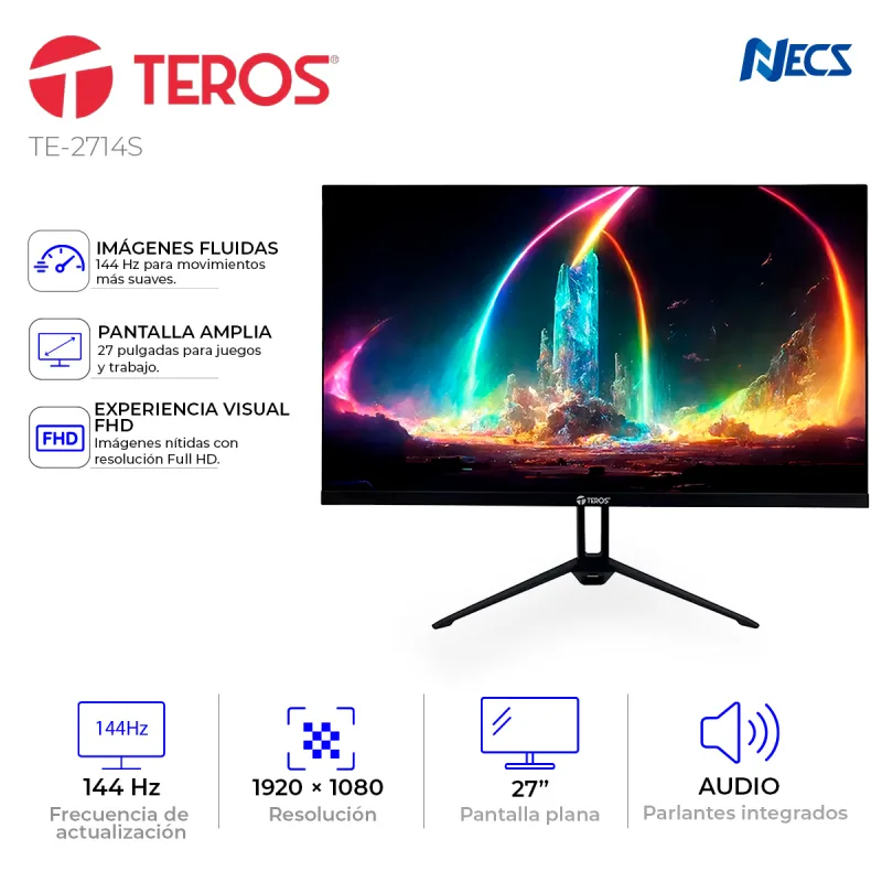 MONITOR TEROS TE-2714S, 27", PLANO, 1920X1080, 144HZ, PARLANTES