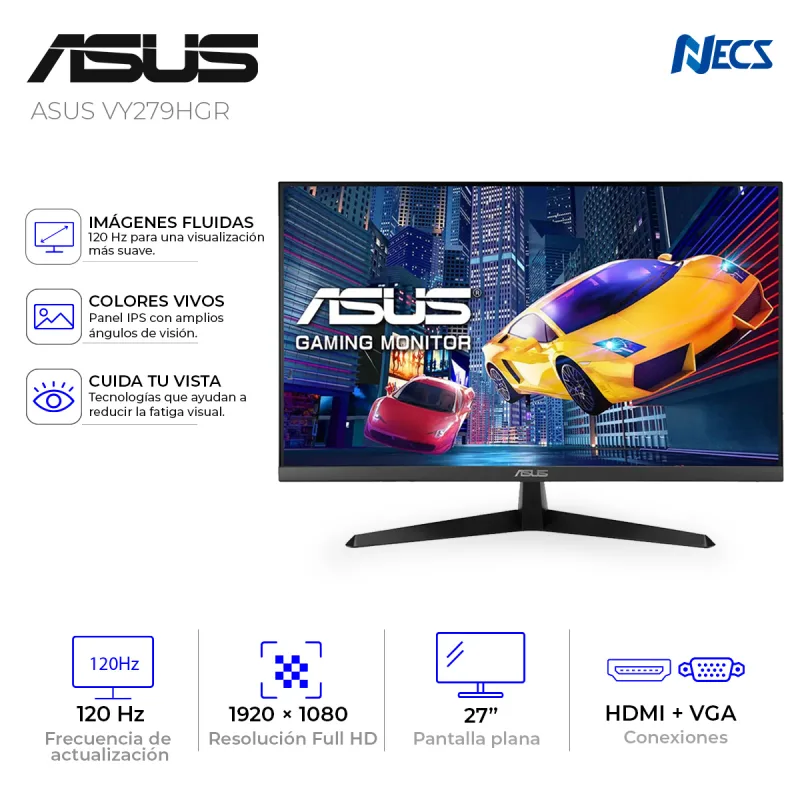 MONITOR ASUS VY279HGR, 27", PLANO,1920x1080, IPS, 120HZ, HDMI/VGA