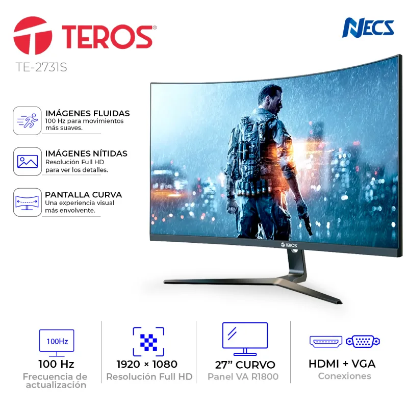 MONITOR TEROS TE-2731S, 27", CURVO, 1920x1080, HDMI/VGA
