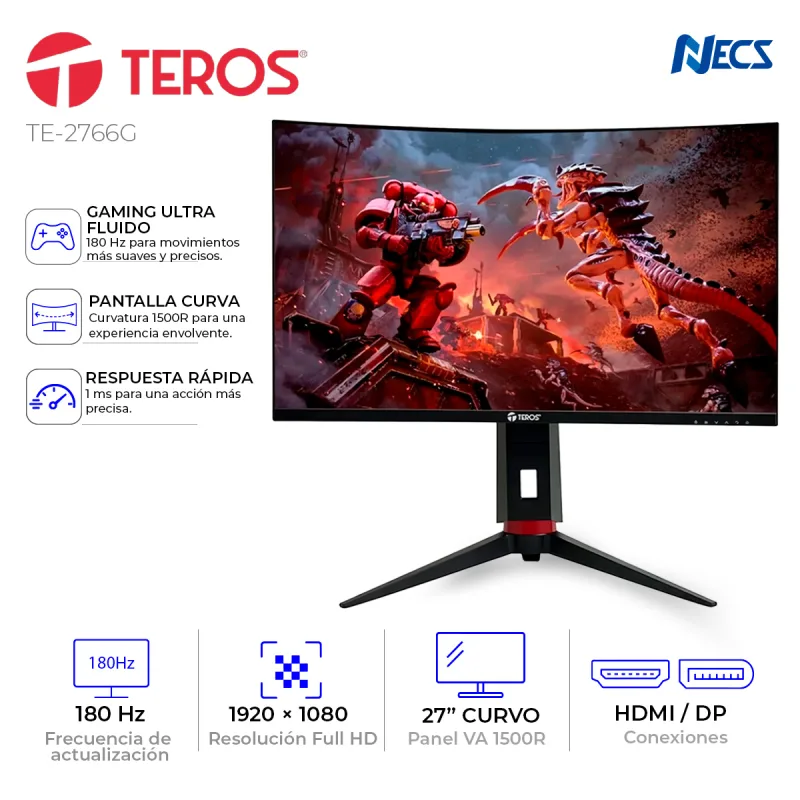 MONITOR TEROS TE-2766G GAMER-27", CURVO, 1920x1080-HDMI/DP/1MS-180HZ