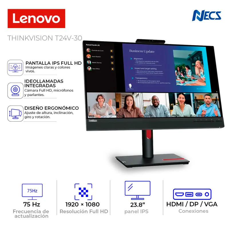MONITOR LENOVO THINKVISION T24V-30, 23.8", 1920x1080, HDMI/VGA/DP, CAMARA, PARLANTE, MICROFONO