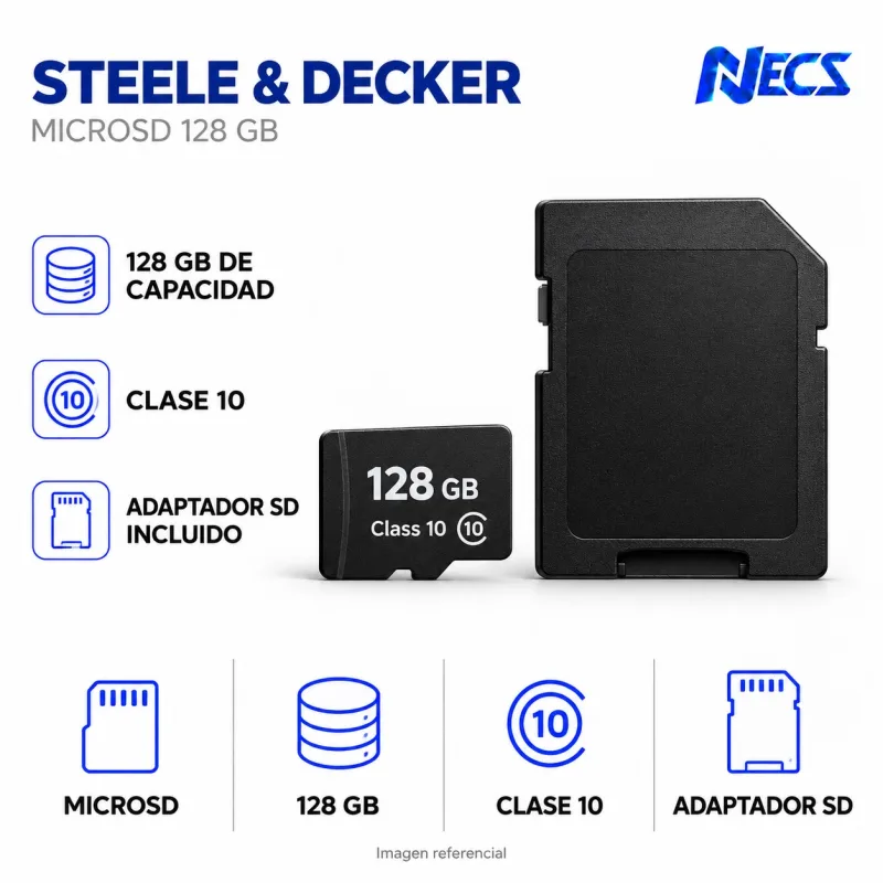 MEMORIA MICRO SD 128GB STEELE & DECKER, CLASE 10, CON ADAPTADOR
