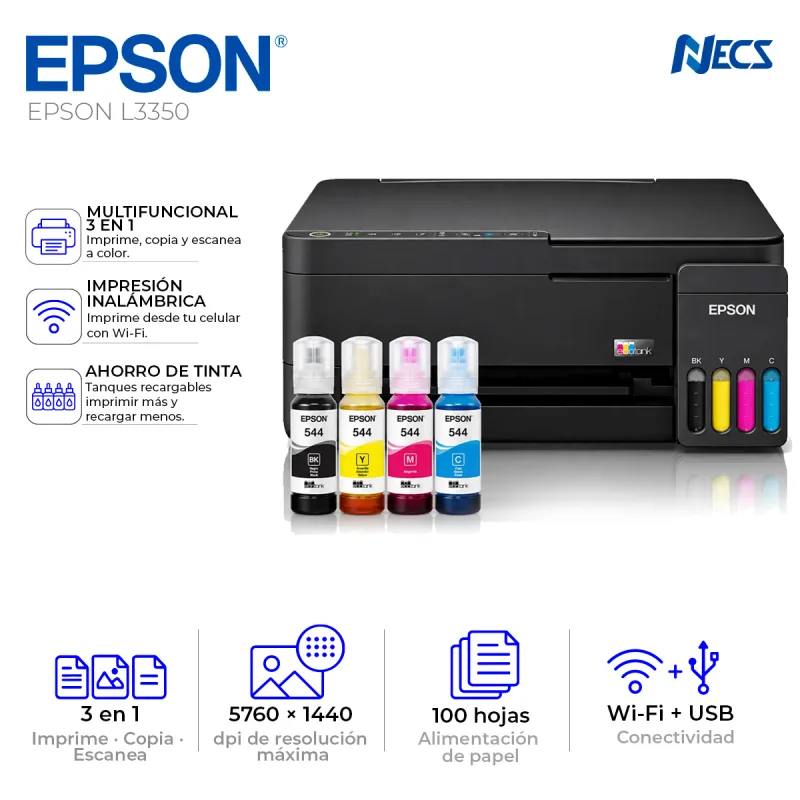 IMPRESORA MULTIFUNCIONAL TINTA EPSON L3350, WIFI Y USB