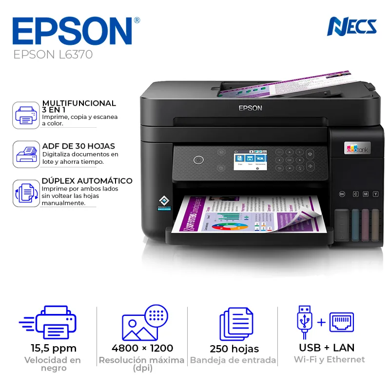 IMPRESORA MULTIFUNCIONAL TINTA EPSON L6370, USB-LAN-WIFI, ADF, DUPLEX