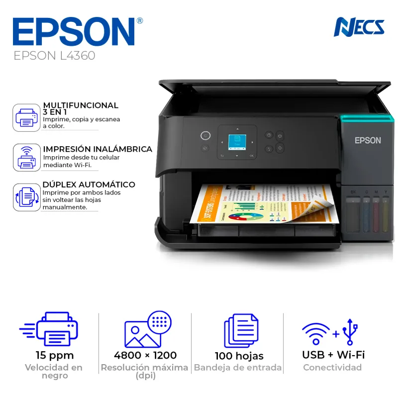 IMPRESORA MULTIFUNCIONAL TINTA EPSON L4360, USB-WIFI, DUPLEX
