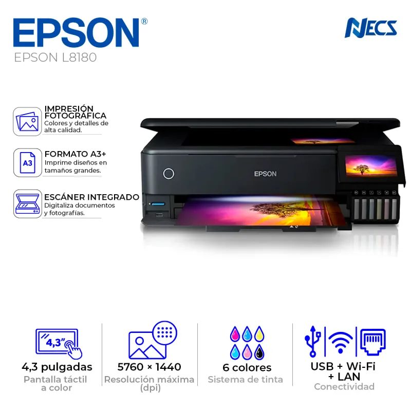 IMPRESORA MULTIFUNCIONAL TINTA EPSON L8180, WIFI-LAN, A3, FOTOGRAFICA